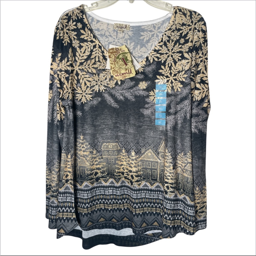 Oneworld Women’s Glitter Snowflakes Long Sleeve Holiday Top XL NWT